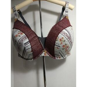 Cacique Womens 42F Plunge Bra Floral Stripe Lace Trim Grey Burgundy 1080524